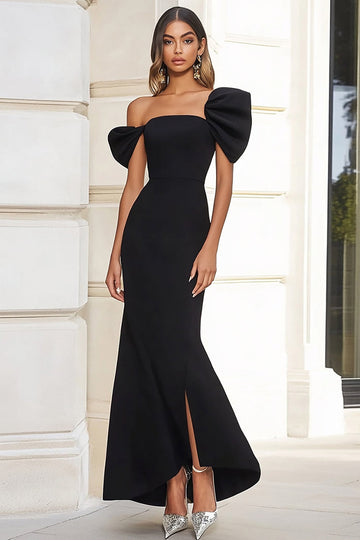 Black One Shoulder Long Satin Formal Dress with Slit